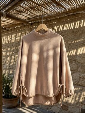 White Mountaineering Tan Mock Neck Tie-Sleeve Sweater